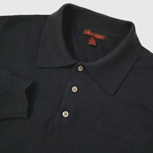 Linea Uomo Polo Sweater Mens XL Blue Wool Blend Long‎ Sleeve Collared Preppy